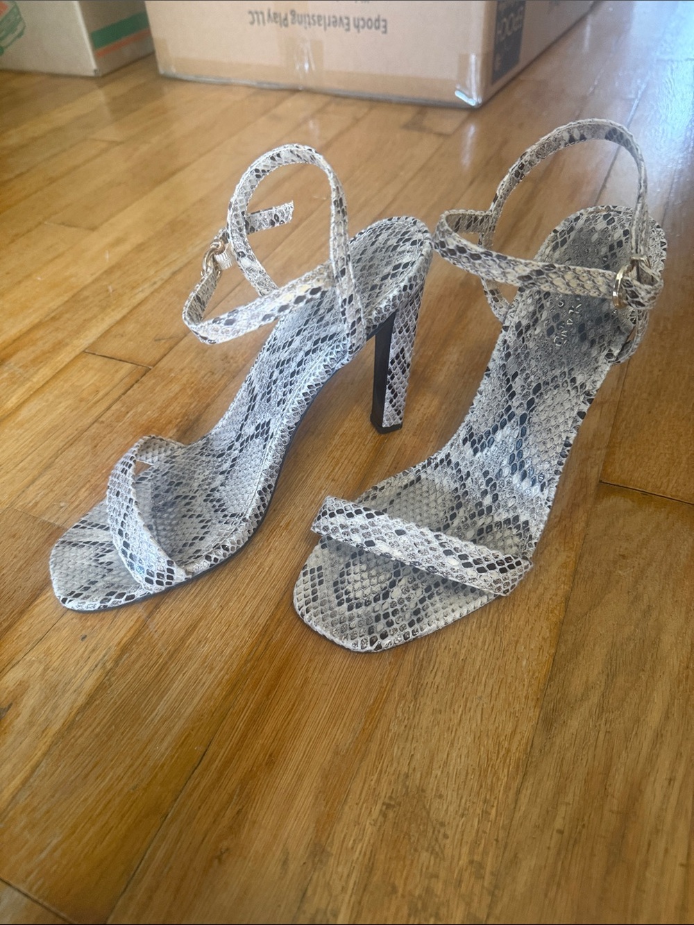 River Island Grey Snake-Print Ankle Strap Heels